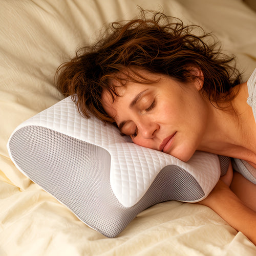 Mise en scène générée par IA : dormeuse sur le côté, la nuque soutenue par l'aile de l'oreiller